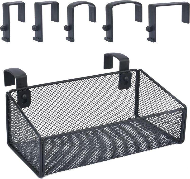 JDYOOMI Hanging Floating Shelves - Metal Mesh Cubicle Storage Organizer with 5 Plastic Hangers (Black) - Image 1